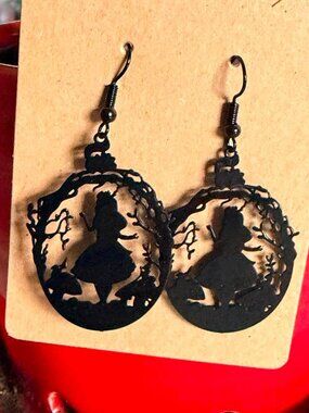 Alice in Wonderland Inspired Black Silhouette Dangle Earrings Fairy Tale Gothic